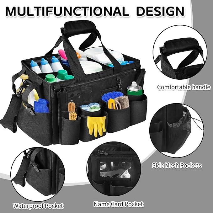Boczif Cleaning Caddy Bag Wearable, Cleaning Caddy Supplies Organizer with Handle, Shoulder Straps & Detachable Divide, Cleaning Tool Organizers Tote Bag for Cleaners & Housekeepers（Black） - NeatNest