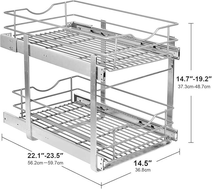 2 Tier Pull Out Cabinet Organizer,(14½"W x 22" D) Soft Close Slide Out Drawer For Kitchen Base Cabinet, Individual Pull Out Shelf, Roll Out Pantry Organization, 22 Inch Deep - NeatNest