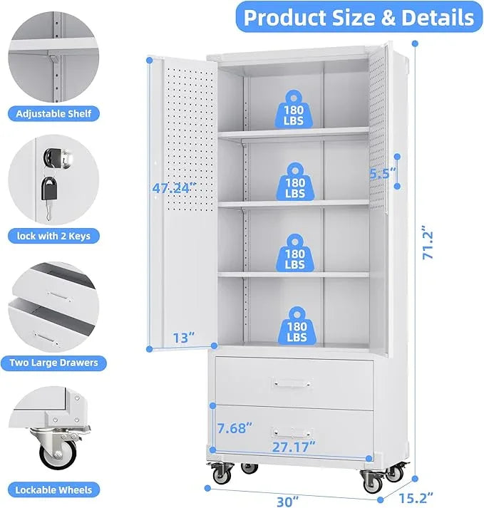 SUXXAN Rolling Storage Cabinet with 2 Doors and 2 Drawers, Heavy Duty Metal Storage Cabinet with Shelves, Locking Steel Cabinet for Warehouse, Home, Office (White) - NeatNest