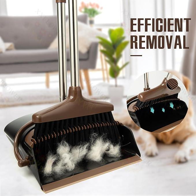 Broom and Dustpan Set with Long Handle, Light Weight Stainless Steel Poles Stand Upright Dustpans with Broom Combo for Home Kitchen Office Pet Dog Hair, 1-Pack (Black Brown) - NeatNest
