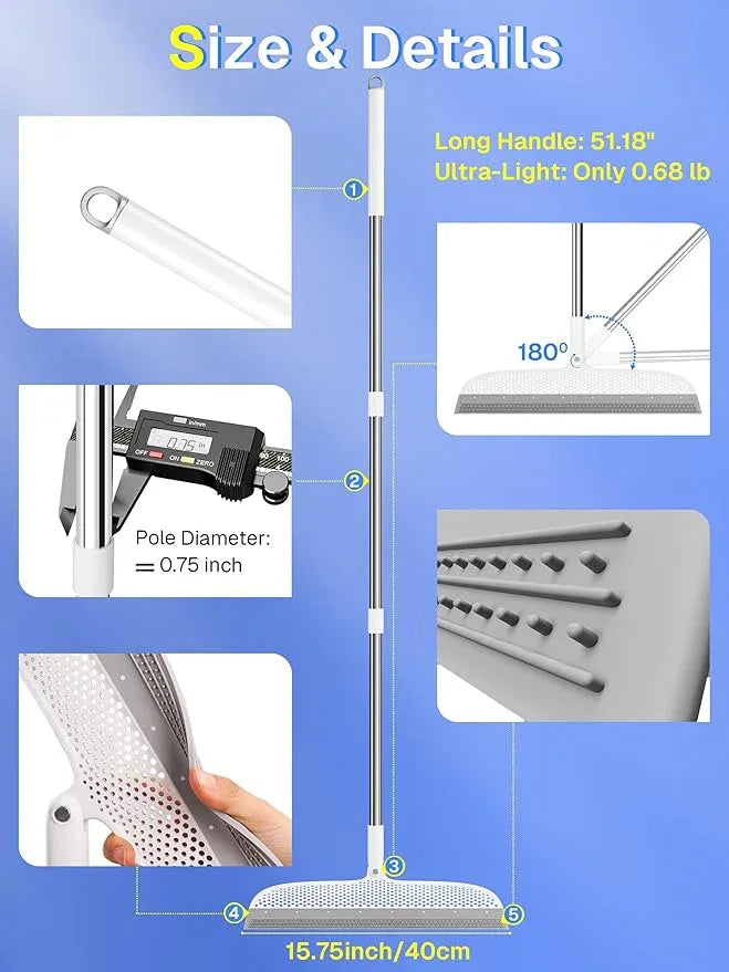 Silicone Floor Squeegee & Broom – Long Handle Hair Remover for Water, Pet Hair – for Bathroom, Tile, Concrete, Garage, Deck, Glass – Indoor Outdoor Cleaning Tool – White - NeatNest