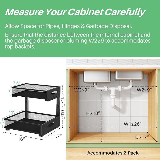 Under Sink Organizer, 1-Pack Pull Out Cabinet Organizer 2 Tier Metal Slide Out Storage Shelf Rack, L-Shaped Adjustable Height,Mesh Sliding Drawer for Kitchen, Bathroom, Laundry, Pantry, Black, XL - NeatNest