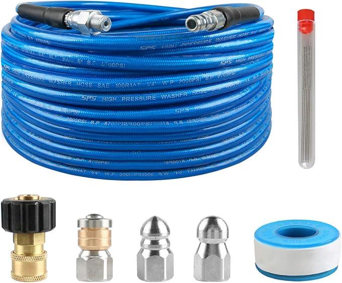 Pressure Washer Sewer Jetter Kit, 50 FT Hydro Drain Jetter Cleaner Hose, Button Nozzle and Rotating Sewer Jetting Nozzle, Orifice 4.0, 4.5, 1/4 inch NPT, 3000 PSI - NeatNest