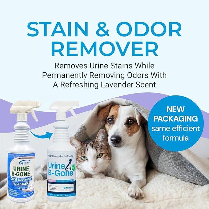 KINZUA ENVIRONMENTAL Urine B-Gone, Professional Enzyme Odor Eliminator & Pet Stain Remover, Human, Cat & Dog Urine Cleaner, Effective on Laundry, Carpets & More, Lavender Scent, 32oz - NeatNest