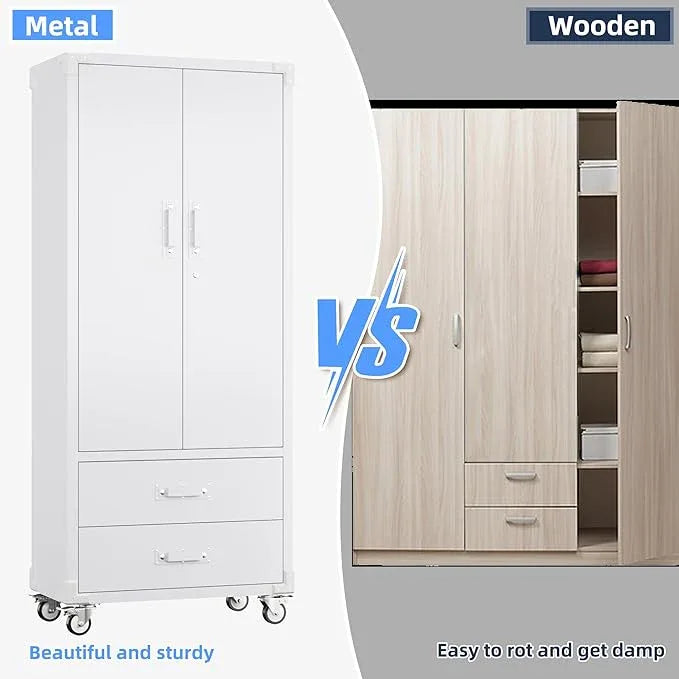 SUXXAN Rolling Storage Cabinet with 2 Doors and 2 Drawers, Heavy Duty Metal Storage Cabinet with Shelves, Locking Steel Cabinet for Warehouse, Home, Office (White) - NeatNest