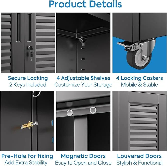 SUXXAN Broom Closet with Wheels 71"x 31.5"x15.75", Metal Cleaning Cabinets with Louvered Doors Hooks and Hanging Rods, Lockable Cabinet with Pegboard, Adjustable Shelf,for Garage, Laundry Room - NeatNest