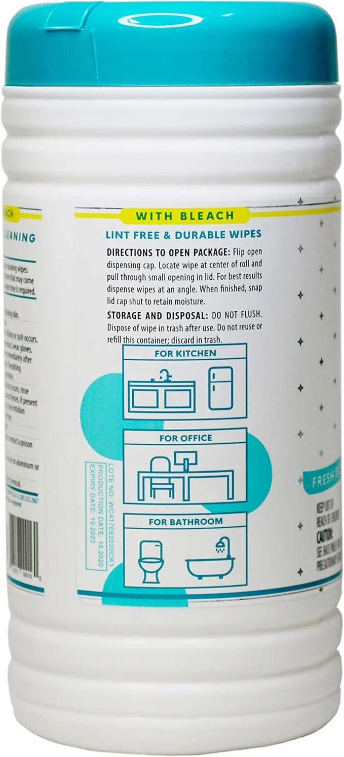 1 Pack Surface Cleaning Wipes with Bleach, All-Purpose Cleaner for Bathroom, Kitchen, Office, 75 Count Canister, 7.5" x 7" Sheet, Fresh Scent, Lint Free & Durable - NeatNest