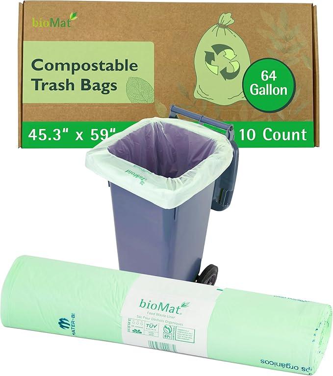 bioMat 64 Gallon Compostable Trash Bags, 10 Count, Extra Large Kitchen Compost bags for Food Waste, BPI ASTM D6400 Certified Kitchen Food Scrap Waste Bags - NeatNest