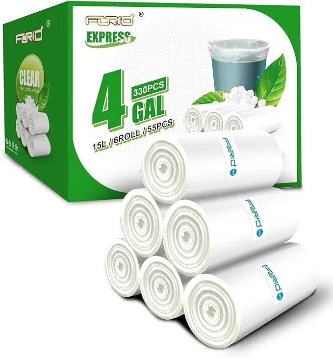 FORID Clear Small Trash Bags, 4 Gallon Garbage Bags, Wastebasket Bin Liners 330 Count Plastic Trash Bags for Bathroom Bedroom Office Trash Can 15 Liters - Durable & Thick Trash Bag - NeatNest