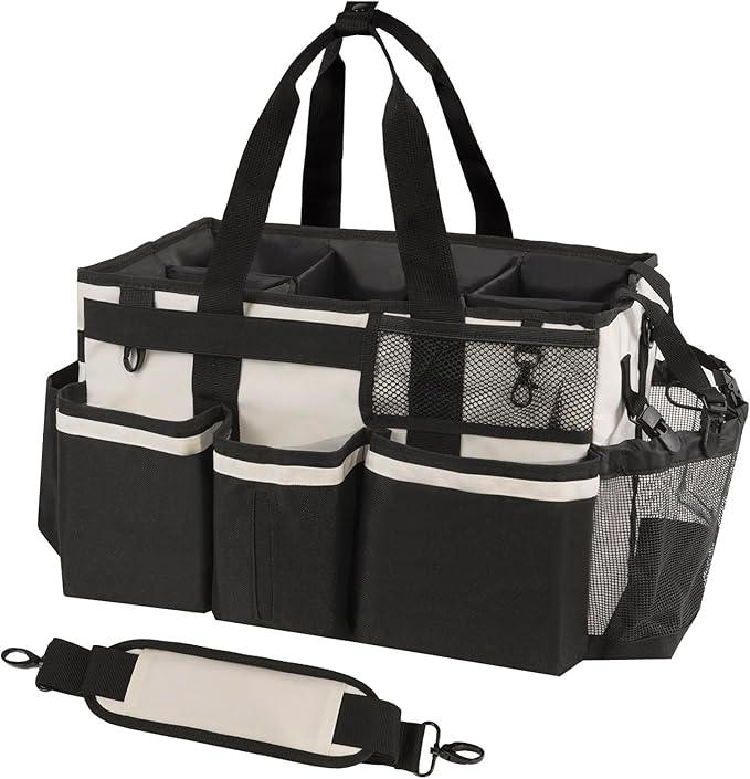 Wearable Cleaning Caddy, Cleaning Caddy Supplies Organizer with Handle & Shoulder Straps for Housekeepers, Under Sink & Car Cleaning Tool Organizers Bag with 4 Foldable Divider (Beige) - NeatNest