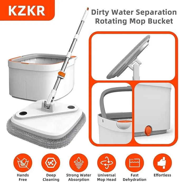 KZKR Spin Mop and Bucket Set with Self Separation Dirty and Clean Water System, Self Wringing 360° Rotating Square Mop Head for Home Floors Cleaning (1.0 Mop and Bucket Set (6 Pads)) - NeatNest