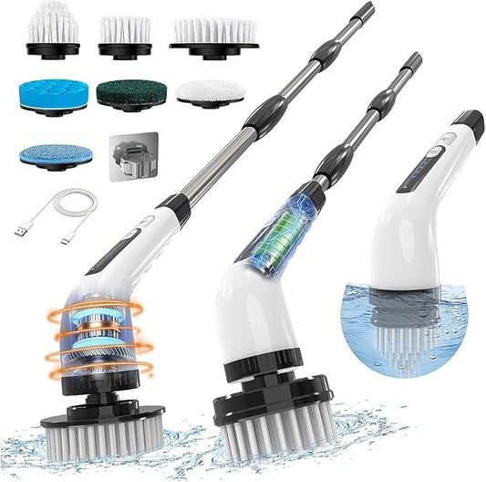 Electric Spin Scrubber, Cordless Cleaning Brush, Shower Scrubber with 7 Replaceable Brush, 2 Speeds and Adjustable Extension Handle for Bathroom Shower Bathtub Glass Car(White) - NeatNest