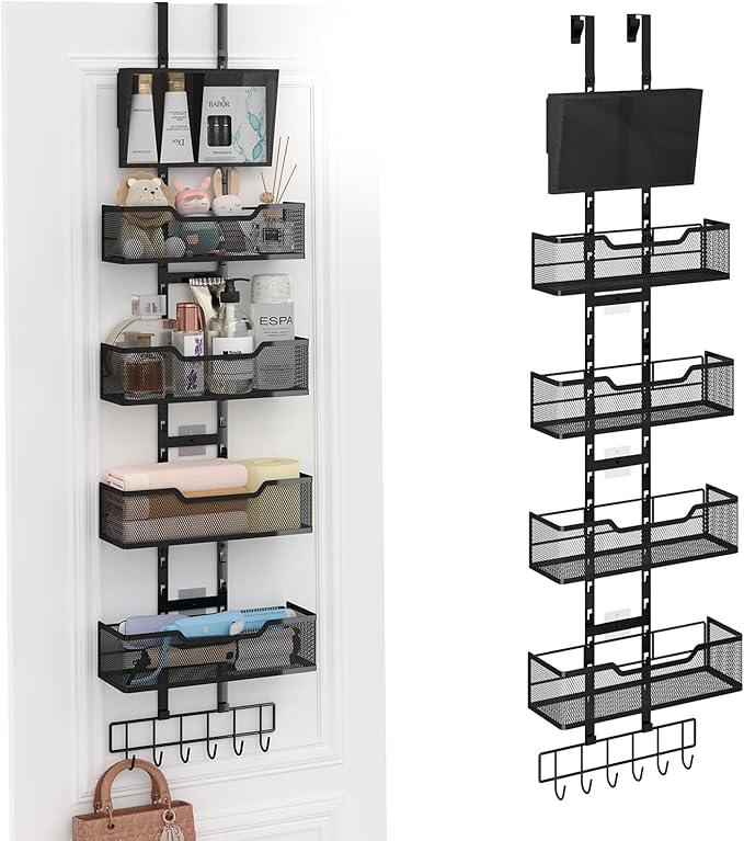 Adjustable Over The Door Organizer, Metal Hanging Door Storage with 4 Metal Baskets and PVC Pocket, Closet Door Organizer for Bathroom Bedroom Cabinet, Black - NeatNest