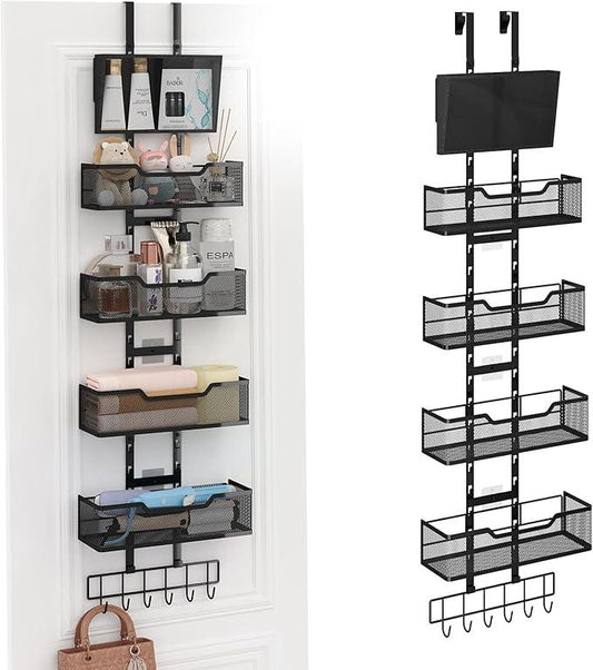 Adjustable Over The Door Organizer, Metal Hanging Door Storage with 4 Metal Baskets and PVC Pocket, Closet Door Organizer for Bathroom Bedroom Cabinet, Black - NeatNest