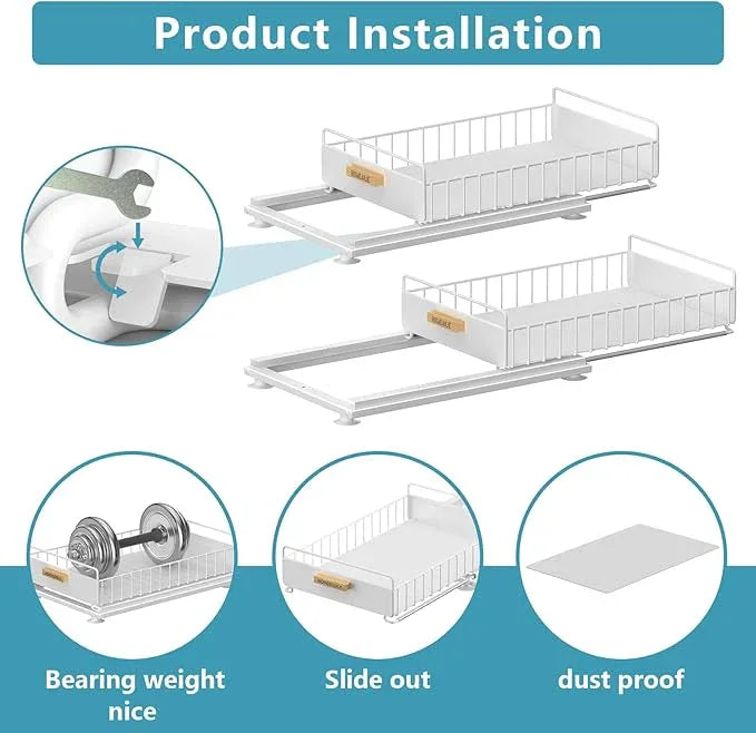 Under Sink Organizer, 2 Pack Pull Out Kitchen Cabinet Organizer, Mute Slide-Out Under Sink Organizers and Storage, Metal Kitchen Bathroom Organizers and Storage Shelves, White - NeatNest