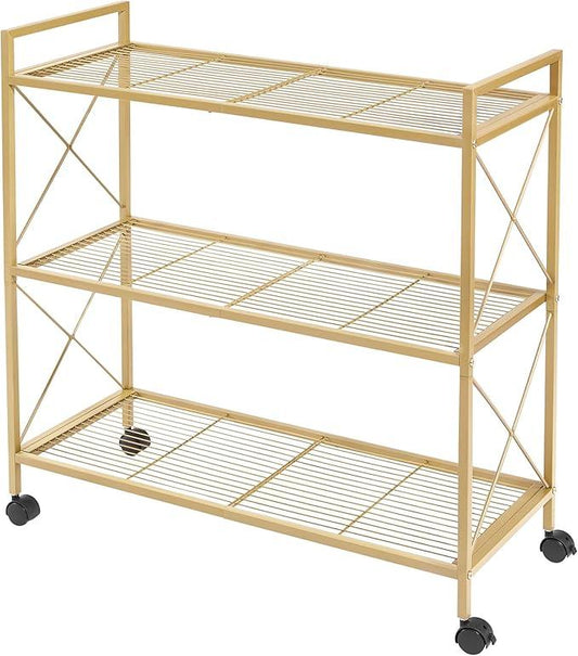 SONGMICS 3-Tier Metal Storage Rack with Wheels, Mesh Shelving Unit with X Side Frames, 31.5-Inch Width, for Entryway, Kitchen, Living Room, Bathroom, Industrial Style, Metallic Gold UBSC183A01 - NeatNest