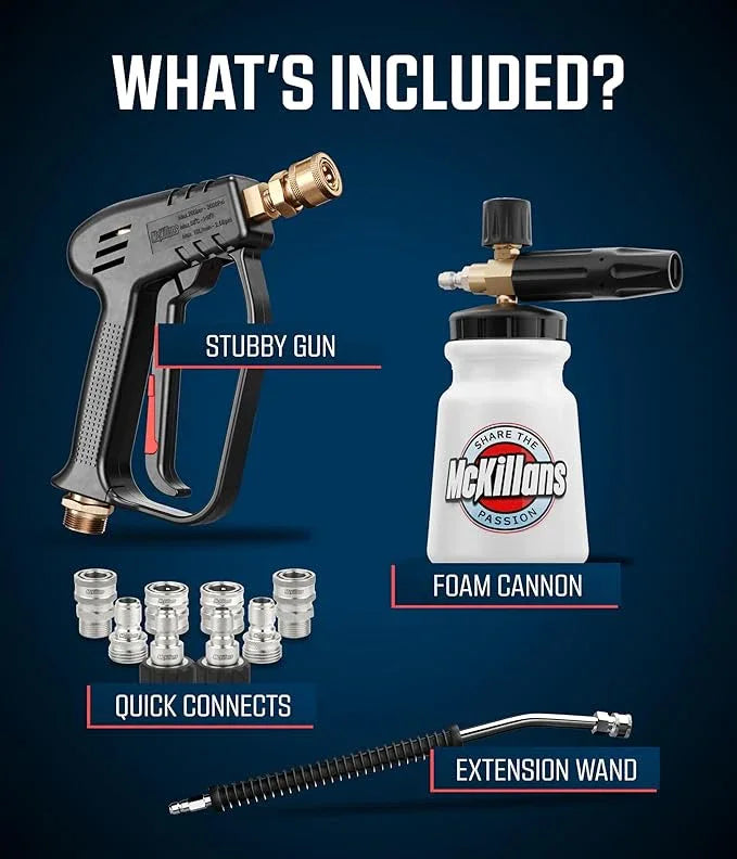 McKillans® Short Pressure Washer Gun Upgrade Kit: Stubby Gun + Rinsing Wand + Wide Mouth Foam Cannon + Stainless Quick Connect Kit (M22-14mm) - NeatNest