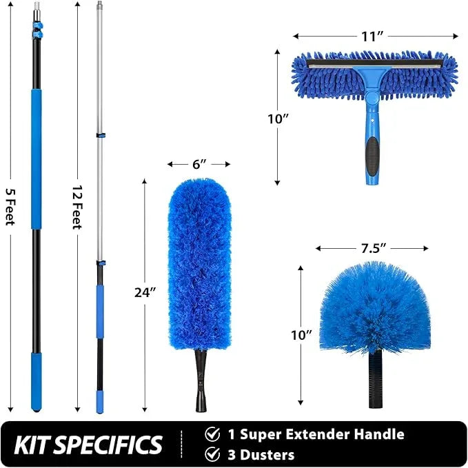 20 Feet High Reach Duster Kit with 5-12 Ft Extension Pole, Cobweb Duster with Telescoping Pole, Window Squeegee with Scrubber, Spider Web Brush, High Ceiling Fan Duster for High Window, Interior Roof - NeatNest