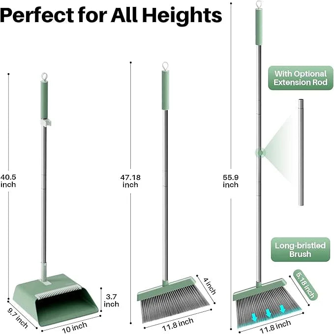 JOYMOOP Dark Teal Green Broom and Dustpan Set, Upright Angle with Built-in Comb Teeth, Ideal for Home, Office, Hardwood, Pet Hair - NeatNest