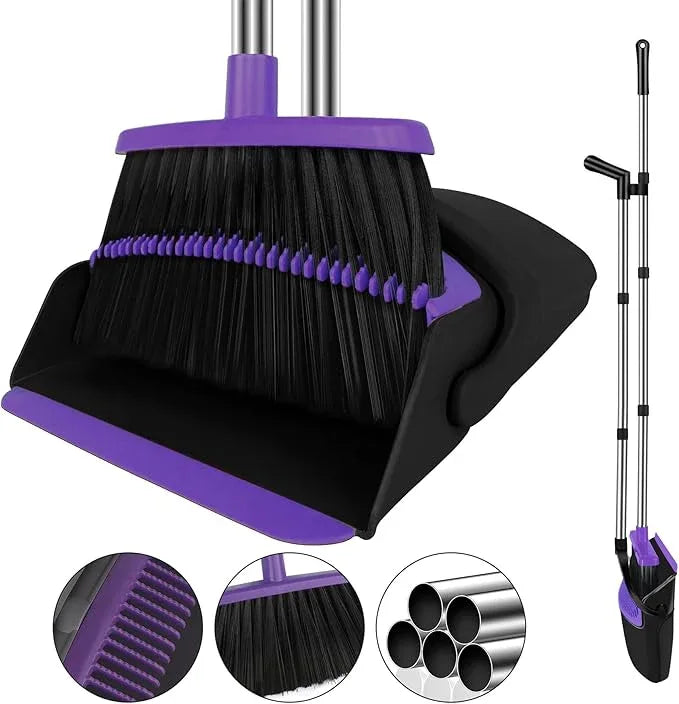 Broom with Dustpan Combo Set, 51" Household Dustpans and Broom, Standing Dust Pan Set for Home, Purple Cleaning Set for Kitchen Lobby Indoor Outdoor - NeatNest