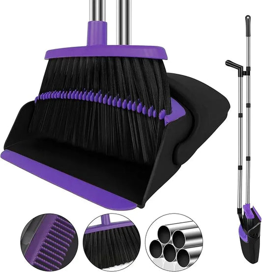 Broom with Dustpan Combo Set, 51" Household Dustpans and Broom, Standing Dust Pan Set for Home, Purple Cleaning Set for Kitchen Lobby Indoor Outdoor - NeatNest