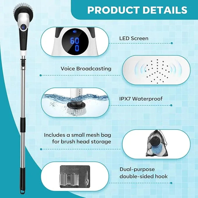 YKYI Electric Spin Scrubber,Cordless Cleaning Brush,Shower Cleaning Brush with 8 Replaceable Brush Heads,Power Scrubber 3 Adjustable Speeds,Adjustable & Detachable Long Handle,Voice Broadcast - NeatNest