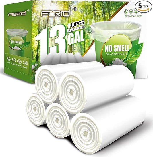 FORID 13 Gallon Trash Bags - Clear Plastic Garbage Bags Medium Tall Trash Can Liners for Kitchen Office Home Waste Bins Unscented One Box with 5 Roll 110 Count 55 Liter - Thick & Durable Trash Bag - NeatNest