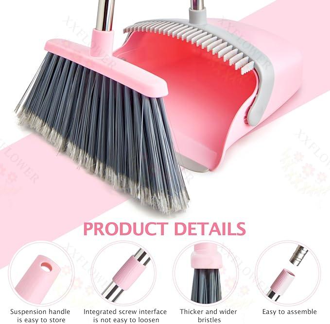 Broom and Dustpan Set, Dustpans with Broom Combo for Home, Heavy Dust Broom and Dustpan Combo, Long Handle Dust Pan and Broom Set for Kitchen, Office, Pet Hair(Gray Pink) - NeatNest