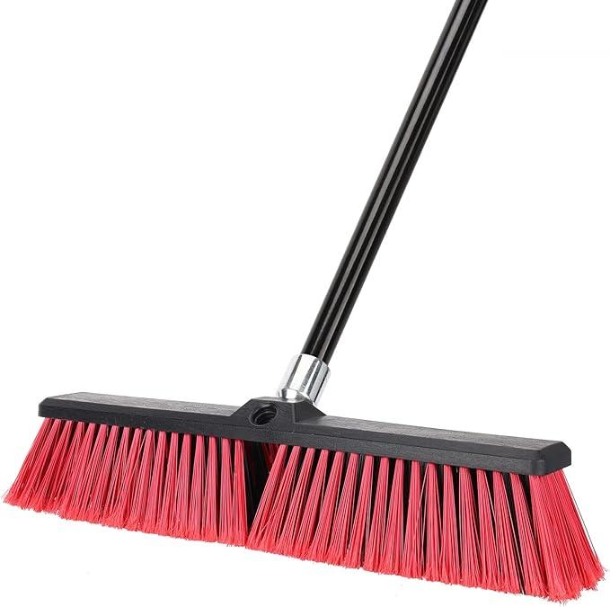 18 inches Push Broom Outdoor Garden Broom with 63" Long Handle for Deck Driveway Garage Yard Patio Concrete Floor Cleaning(Red) - NeatNest