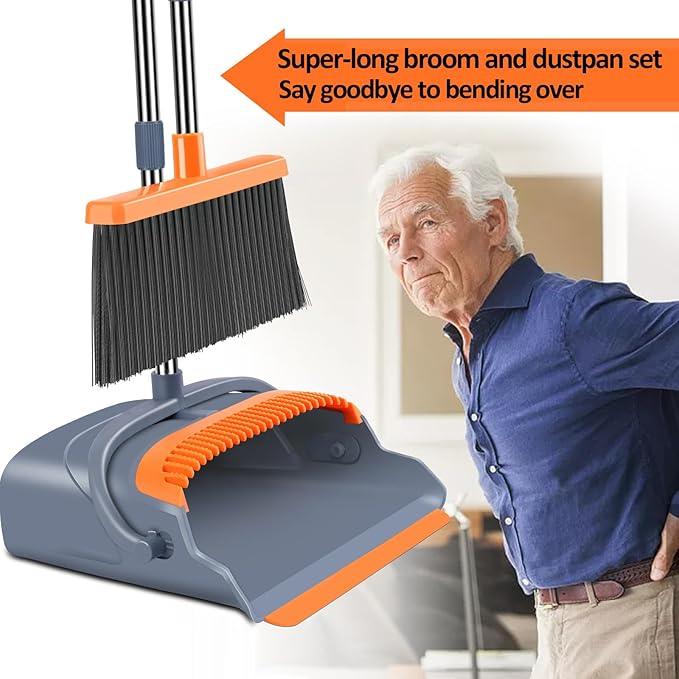 kelamayi Upgrade Broom and Dustpan Set, Self-Cleaning with Dustpan Teeth, Indoor&Outdoor Sweeping, Ideal for Dog Cat Pets Home Use, Stand Up Broom and Dustpan (Gray&Orange) - NeatNest
