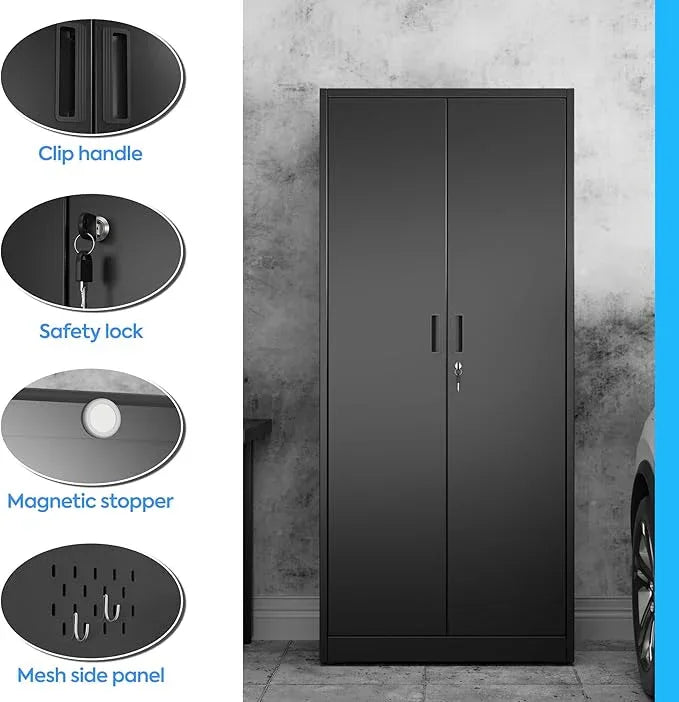 SUXXAN Broom Closet Storage Cabinet 71.4"x 31.5"x15.7", Metal Cleaning Cabinets with Hooks and Hanging Rods, Lockable Cabinet with Pegboard, Adjustable Shelf,for Garage, Laundry Room - NeatNest