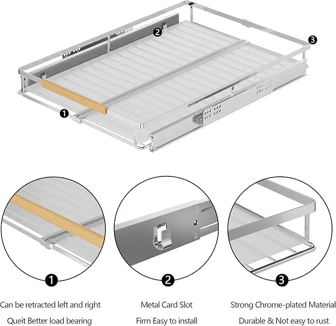 SANNO Pull Out Cabinet Organizer, Cabinet Shelf Kitchen Under Sink Shelf, Expandable Drawer Shelves with Sliding, Steel Metal Cabinet Drawers Slide Out, Chrome Finish - NeatNest
