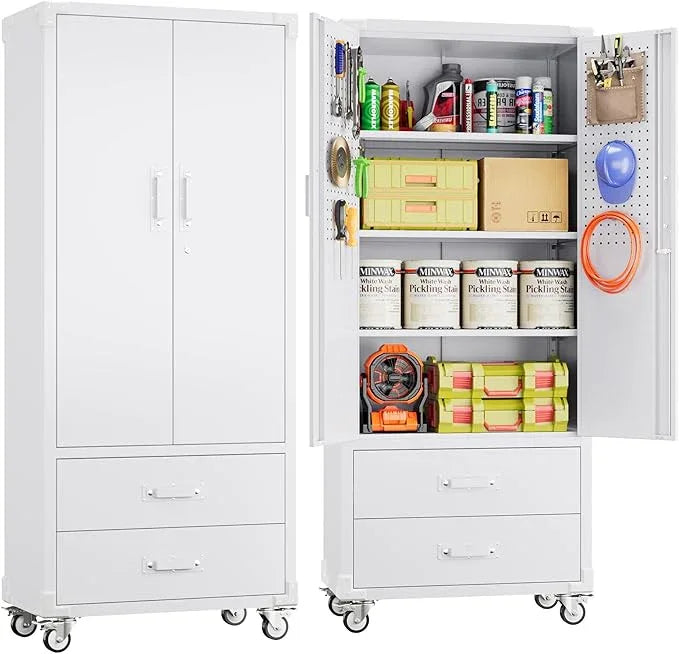 SUXXAN Rolling Storage Cabinet with 2 Doors and 2 Drawers, Heavy Duty Metal Storage Cabinet with Shelves, Locking Steel Cabinet for Warehouse, Home, Office (White) - NeatNest