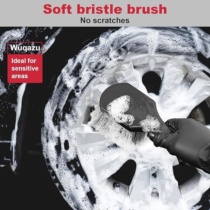 Wuqazu 4PCS Compact Wheel & Tire Cleaning Kit - 360° Flexible Synthetic Wool Rim Brush, 2 Dual-Bristle Brushes & Microfiber Towel | Scratch-Free for All Vehicles - NeatNest