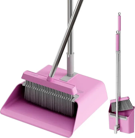 JOYMOOP Pink Broom and Dustpan Set with 56” Handle, Upright Angle with Built-in Comb Teeth for Hardwood Floors and Pet Hair - NeatNest