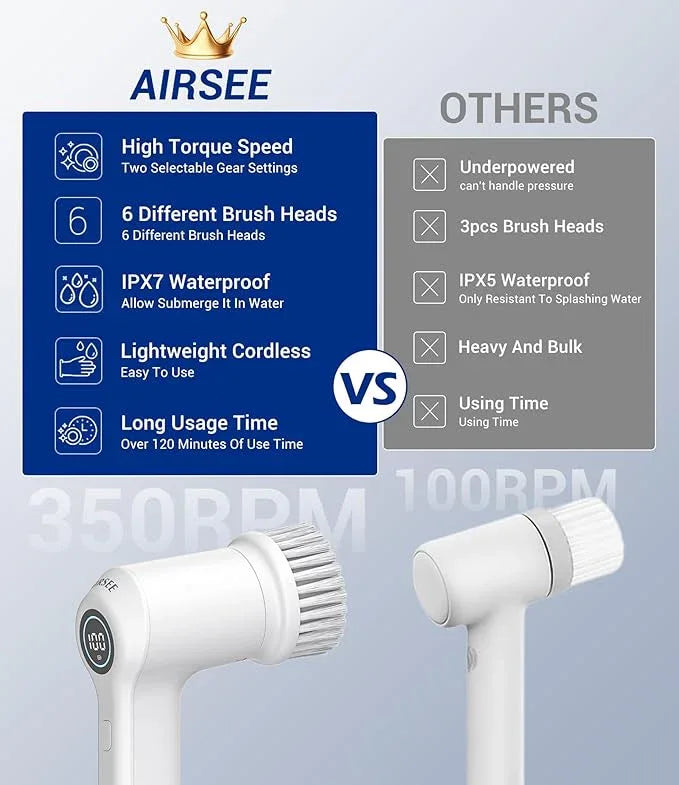 AIRSEE Cordless Electric Spin Scrubber, Handheld Power Shower Cleaner Brush, 2 speeds, 6 Replaceable Brush Heads for Cleaning Floor, Window, Bathroom, Kitchen, for Elderly & Busy Family - NeatNest