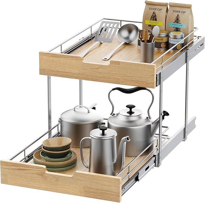 Pull Out Cabinet Organizer,Heavy-Duty Slide Out Shelf, Wood and Wire Basket, Pull Out Drawer for for Kitchen Under Sink Space, Pantry, Bathroom, 2 Tie 20 * 21 in - NeatNest