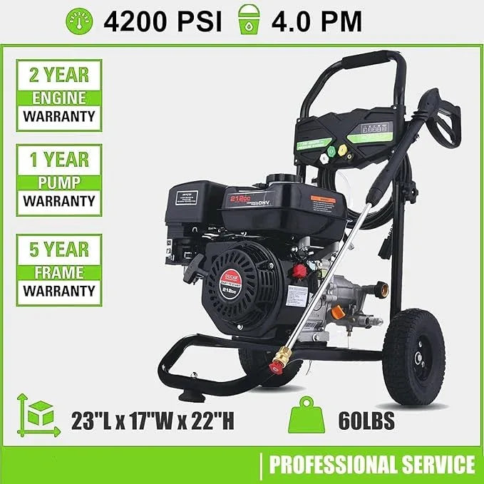 4200PSI Gas Pressure Washer, 4.0GPM Heavy Duty Power Washer with 5 Quick Connect Nozzles, 25ft Flexible Hose and 0.5Gal Soap Tank, 212cc 7.0 HP Engine, EPA/CARB/ETL Compliant, Gray - NeatNest