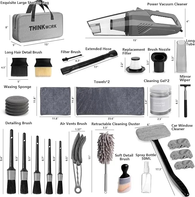 THINKWORK Car Cleaning Kit, Car Detailing Kit Interior Cleaner with High Power Handheld Vacuum, 10Pcs Detailing Brush and Storage Bag, Gray Auto Interior Cleaning Kit for Men - NeatNest