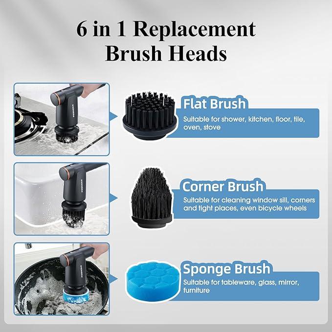 Electric Spin Scrubber, Bathroom Shower Scrubber with LCD Display, 2 Speeds Electric Scrubber for Cleaning with 6 Replaceable Heads, 4-Hour Runtime‌, Cleaning Brush for Kitchen/Car, Gray-Black - NeatNest