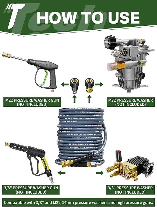 3/8" 4800PSI Pressure Washer Hose 100FT with Swivel Quick Connect for Cold/Hot Water Max 248°F, Kink Resistant Steel Wire Braided, Wear Resistant Power Washer Hose with M22 14mm Adapter - NeatNest
