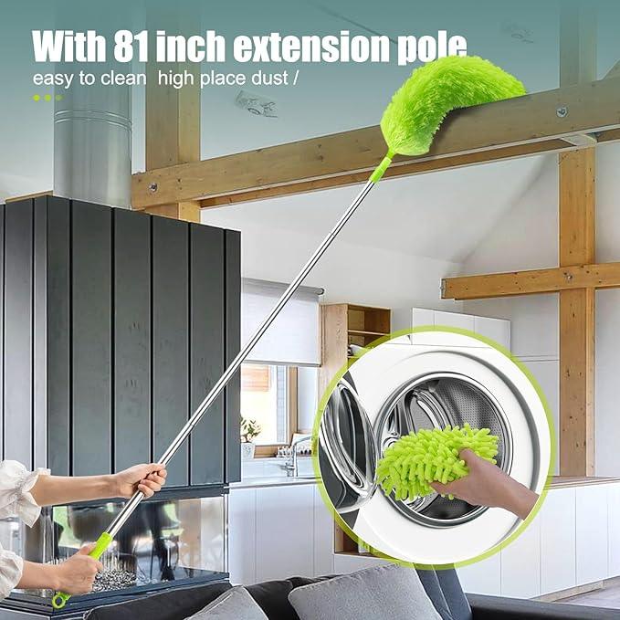 Microfiber Duster with Extension Pole 30 to 100'', Bendable Reusable Washable Feather Dusters for Cleaning High Ceiling Fan, Cobweb, Blinds, Keyboard, Furniture & Cars, Green Gift for Women (11 PCS) - NeatNest
