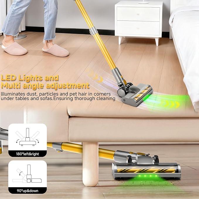 Cordless Stick Vacuum Cleaner - 45KPA Powerful Suction Vacuum with 45 Min Runtime, Detachable Battery, Anti-Tangle & 1.5L Dust Cup, 8 in 1 Vacuum Cleaner for Pet Hair, Carpet, HardFloor, Yellow - NeatNest