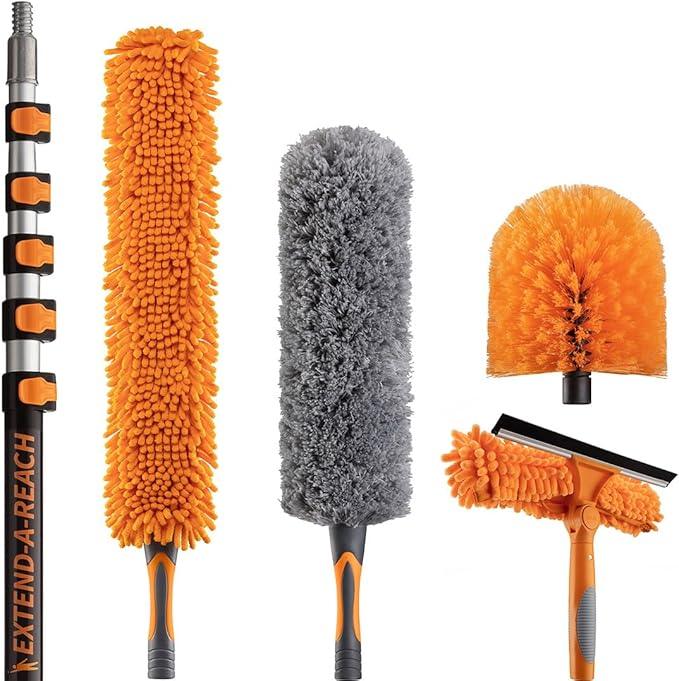 30 Foot High Reach Duster Kit with 5-24 ft Extension Pole // High Ceiling Dusting and Window Cleaning Kit with Telescopic Pole // Window Washer & Squeegee, Cobweb Duster, Fan Blade and Feather Duster - NeatNest