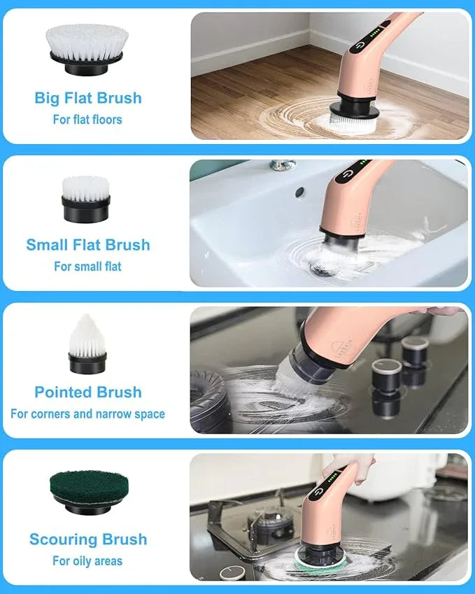 Leebein Electric Spin Scrubber, Cordless Powerful Scrub Brush for Cleaning Bathroom, Kitchen, Shower Tub and Floor Tile with Adjustable Extension Long Handle and 8 Replaceable Brush Heads(Rose) - NeatNest