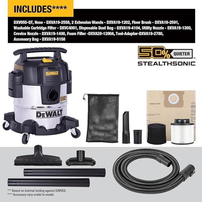 DEWALT 5 Gallon STEALTHSONIC Shop Vacuum Wet and Dry, Powerful Suction & Portable Shop Vac with Attachments, Ultra Quiet Wet Dry Vacuum for Home, Garage, Car, Workshop, Jobsite, DXV05S-QT, 4 Peak HP - NeatNest