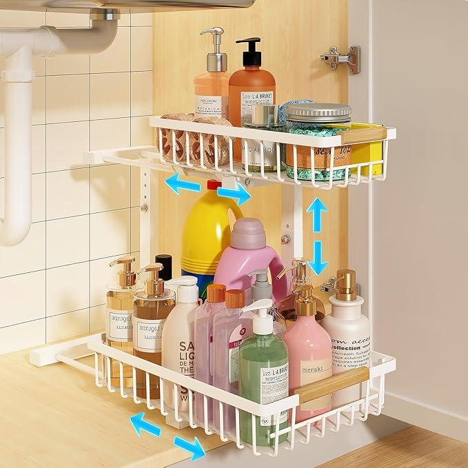 REALINN Under Sink Organizer, Height Adjustable Under Sink Organizers and Storage, 2 Tier Pull Out Drawer Cabinet Storage for Kitchen Bathroom, 1 Pack, White - NeatNest