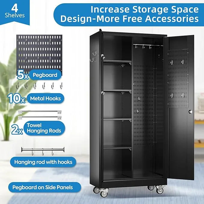 SUXXAN Broom Closet Storage Cabinet with13 Hooks and Hanging Rods, 71" Heavy Duty Cleaning Cabinet for Garage, Laundry Room - NeatNest