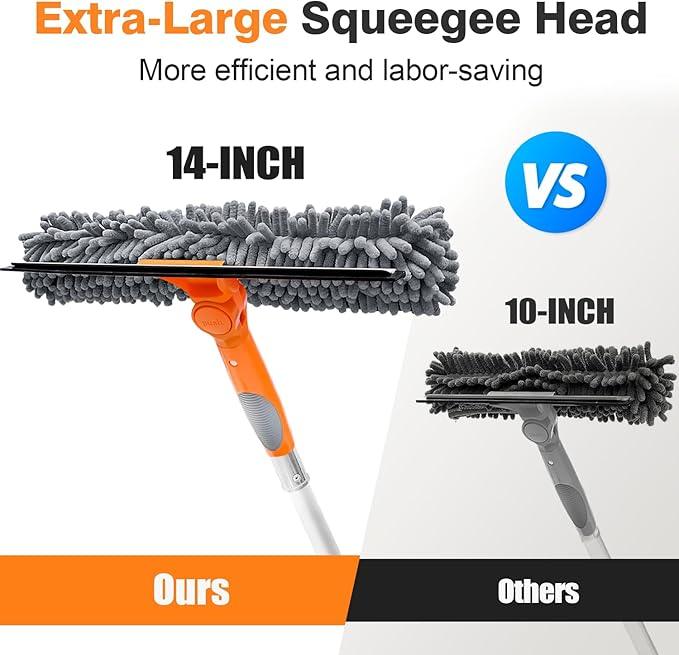 20 Ft High Reach Window Squeegee with 5-12Ft Extra-Thick Aluminum Telescopic Extension Pole| 14" Extra-Large 2-in-1 Window Cleaner Tool| Window Washer for Indoor/Outdoor Window,RV,Truck Glass - NeatNest