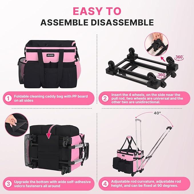 Large Rolling Cleaning Caddy Bag with Detachable Trolley, Waterproof Cleaning Caddy on Wheels for Housekeepers, Cleaning Cart Supplies Organizer for Home,Car,Office,Picnic (Pink) (in Patent) - NeatNest